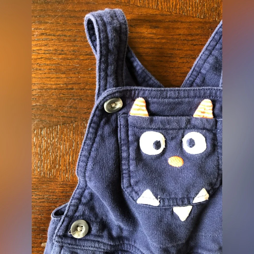 4/$20 Carters Navy Blue Monster Halloween Overalls Shorts Sz 12 Mo